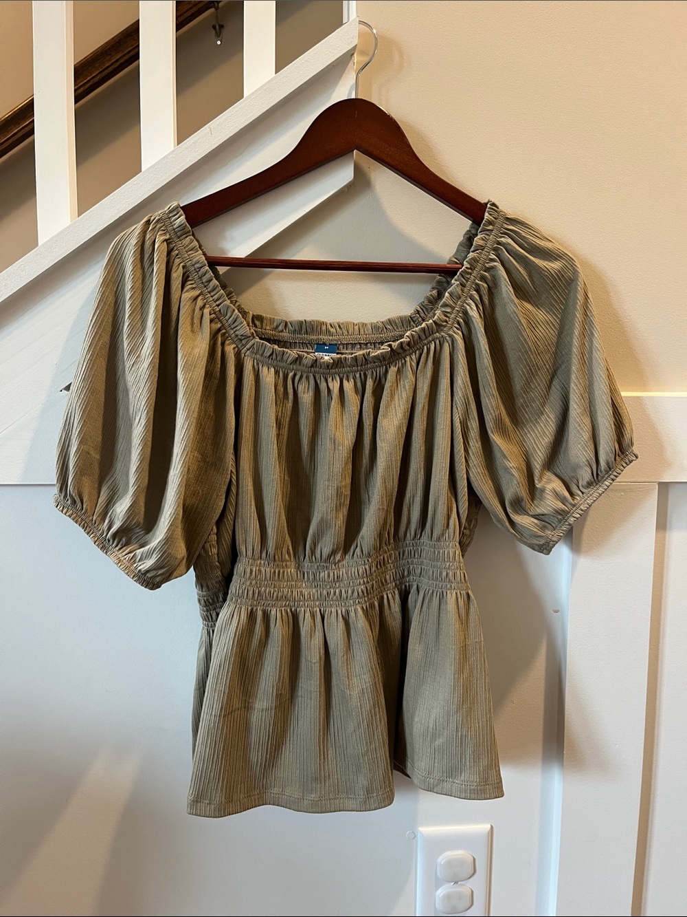 Old Navy Olive Peasant Blouse with Puff Sleeves